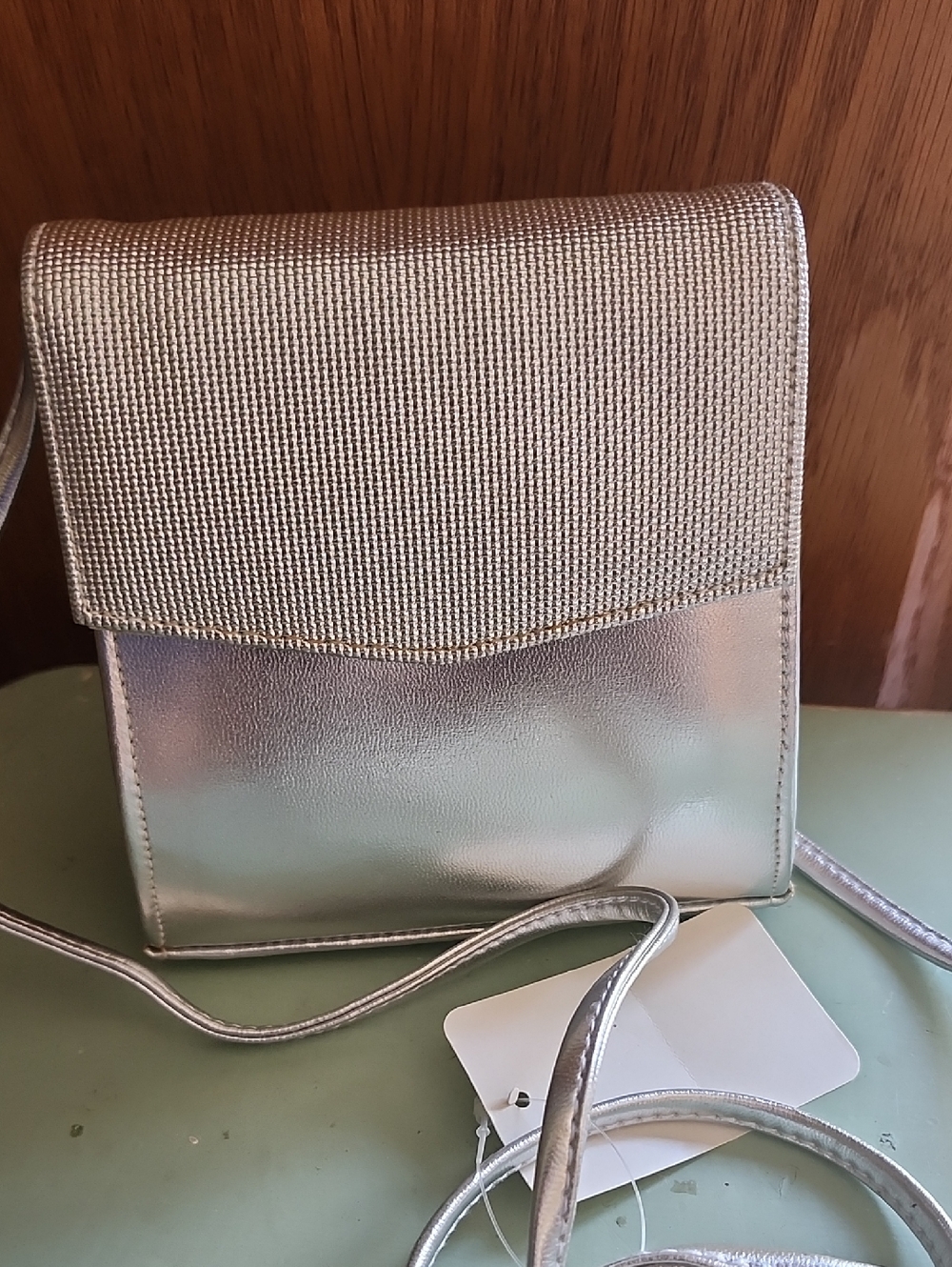KMQ Collections Metallic Silver Crossbody Bag with Textured Flap